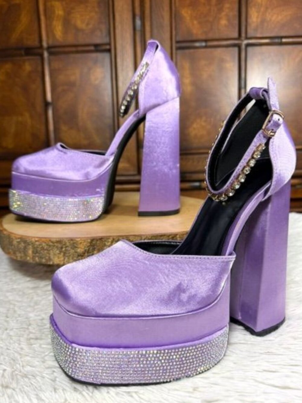 Tinstree Lavender Satin Rhinestone Platform Ankle Strap Square Toe Block Heels